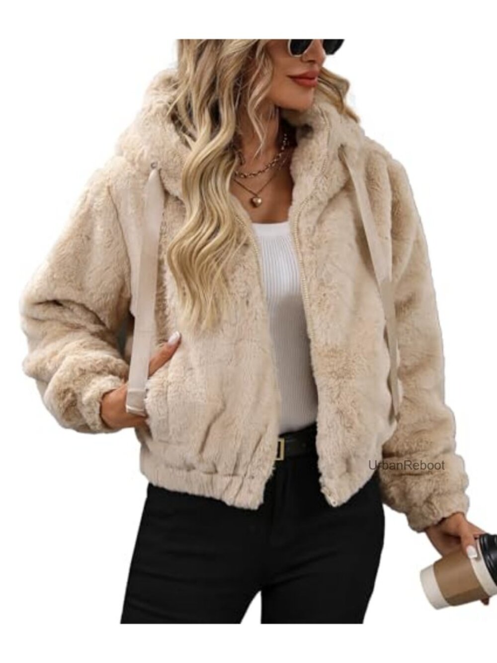 Faux Fur Crop Coat Hooded Zip Fleece Sherpa Jacket